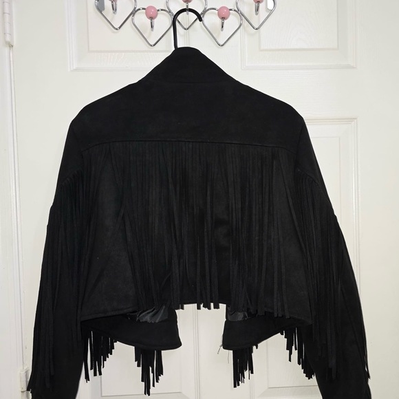 Women's Black Leather Fringe Jacket - Picture 3 of 3